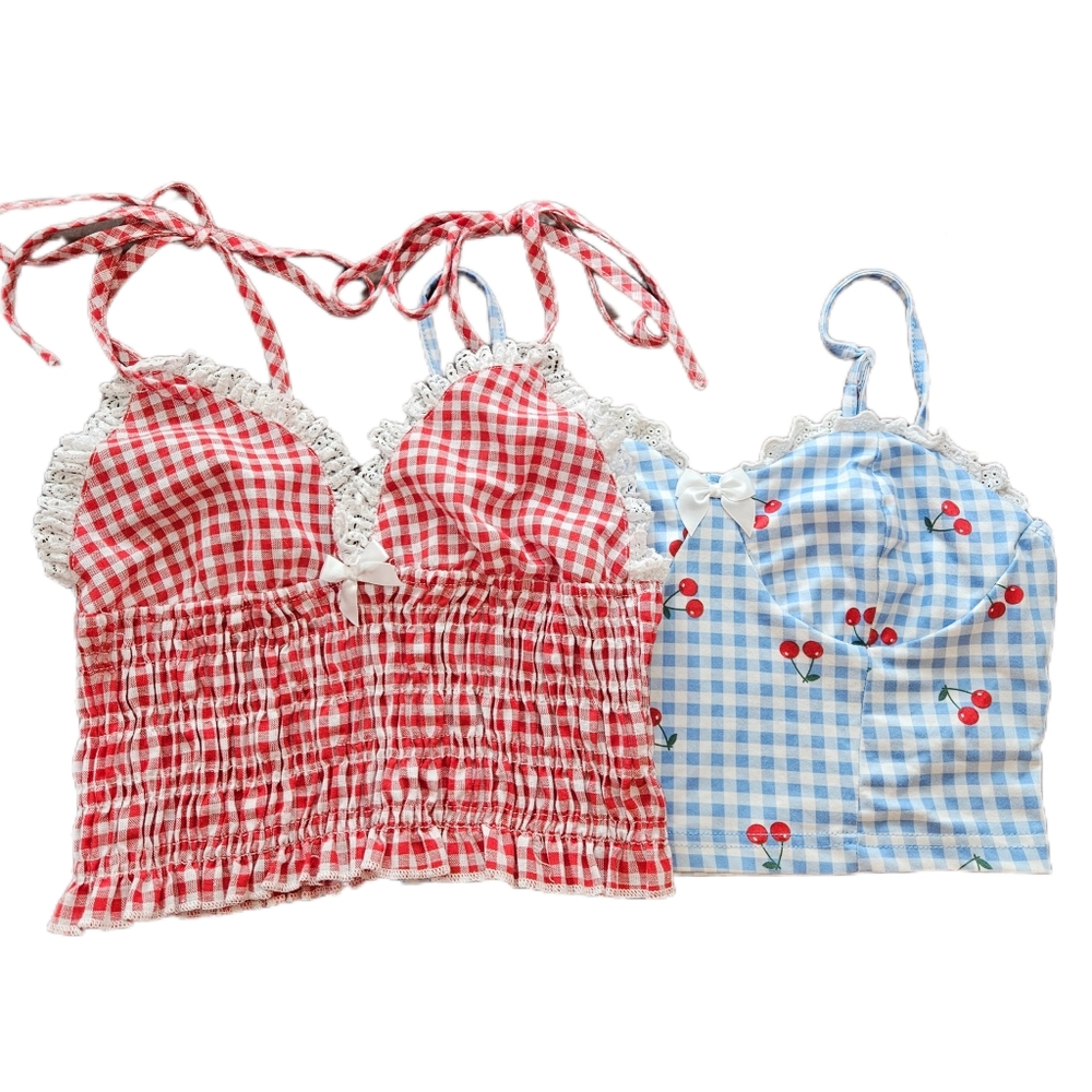 Gingham Lace Crop Top Bundle‎ Cherry Womens XS Y2K Cami Pinup Cottagecore Summer